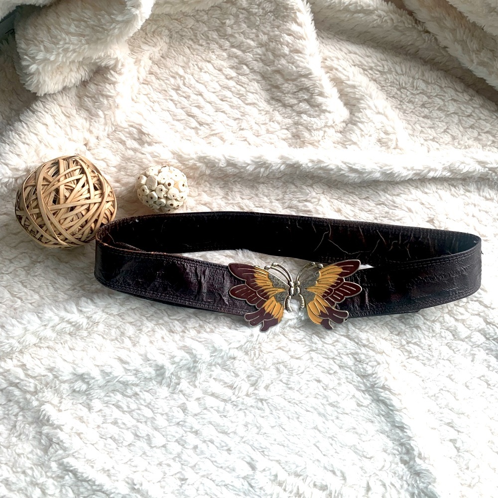 Vintage 🦋 Genuine Leather Adjustable Metal Butterfly Cinch Belt - Small